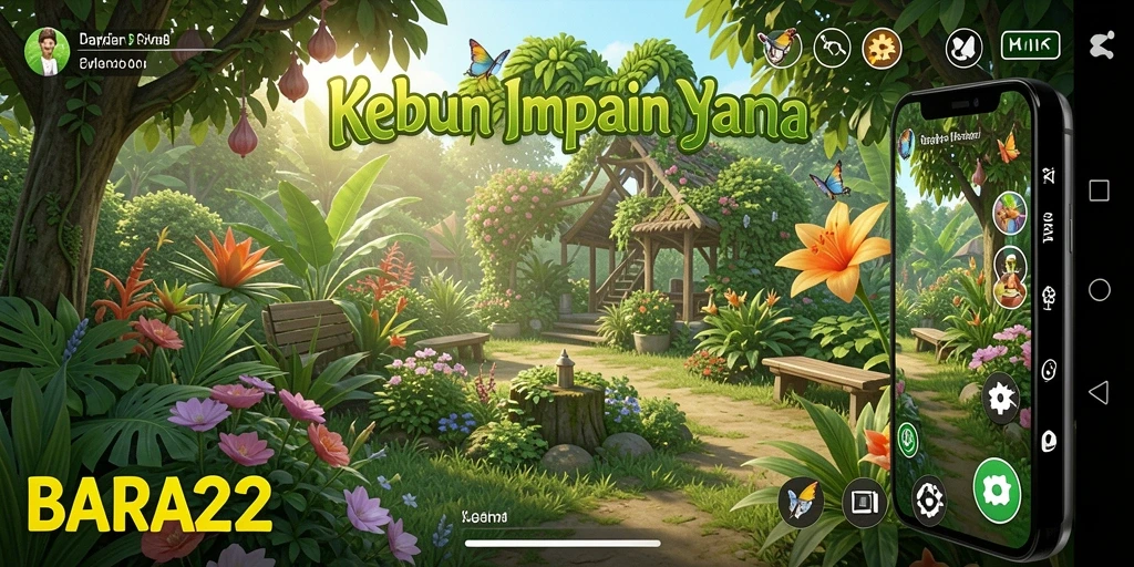 Tampilan screenshot utama BARA22 menunjukkan kebun yang subur dan beragam tanaman.