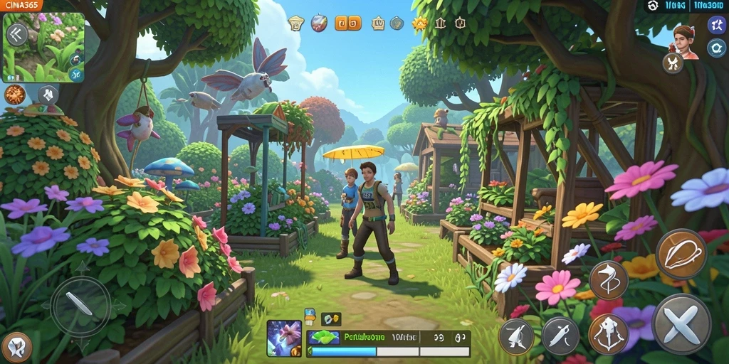 Gameplay CINA365 menunjukkan aktivitas berkebun yang seru dan produktif.
