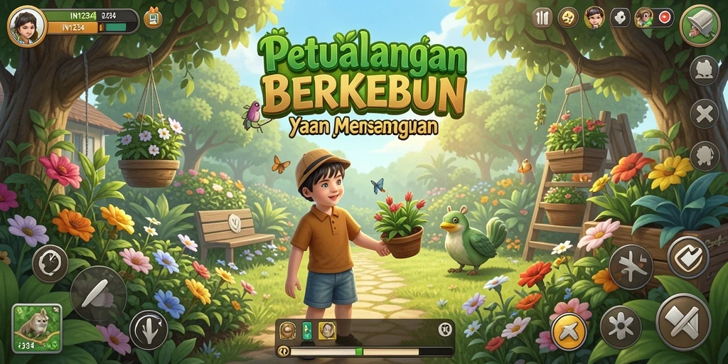 Tampilan gameplay IN1234 yang menarik saat berkebun dengan tanaman hijau subur.