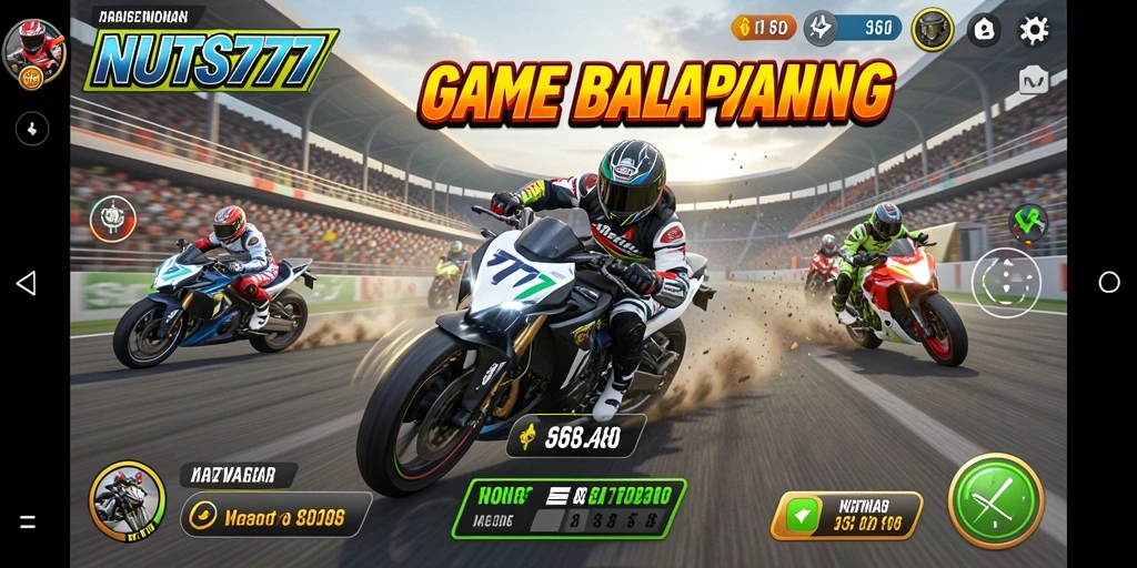 Screenshot utama NUTS777 menampilkan aksi balapan yang mendebarkan.